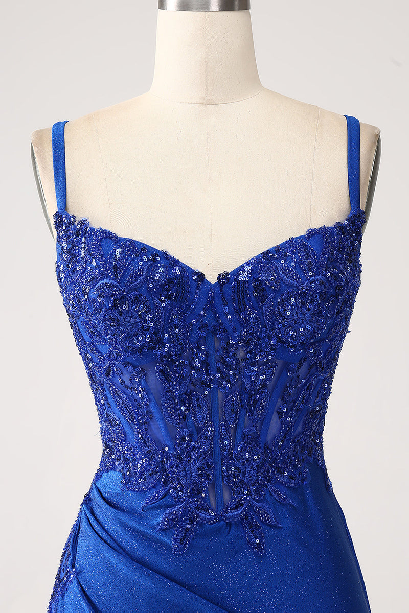 Load image into Gallery viewer, Glitter Royal Blue Mermaid Spaghetti Straps Long Prom Dress with Appliques