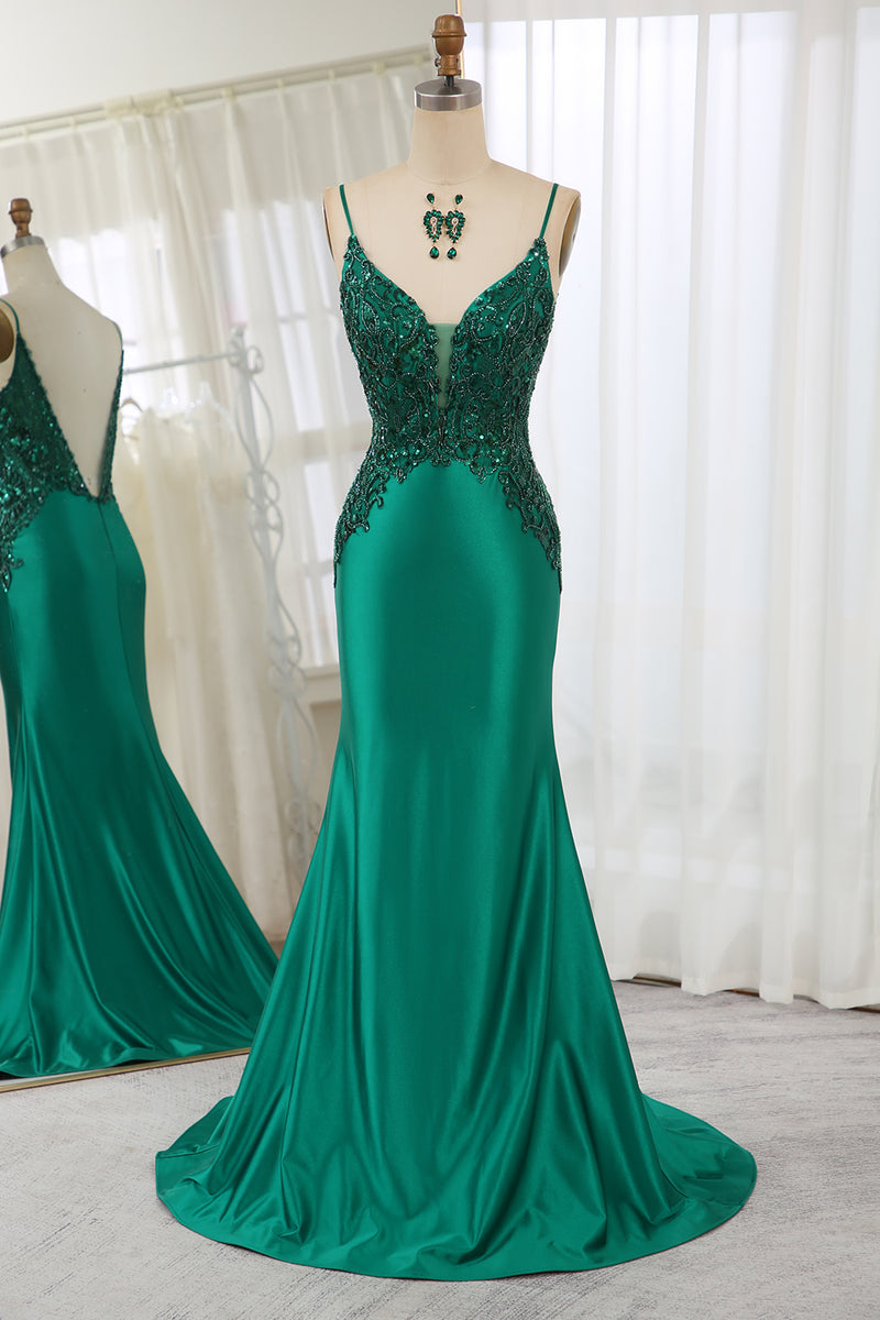 Load image into Gallery viewer, Mermaid Dark Green Spaghetti Straps Satin Beaded Prom Dress