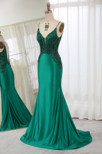 Mermaid Dark Green Spaghetti Straps Satin Beaded Prom Dress