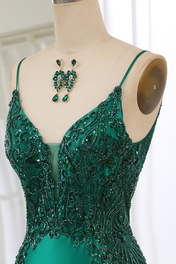 Mermaid Dark Green Spaghetti Straps Satin Beaded Prom Dress