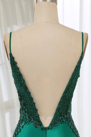 Mermaid Dark Green Spaghetti Straps Satin Beaded Prom Dress