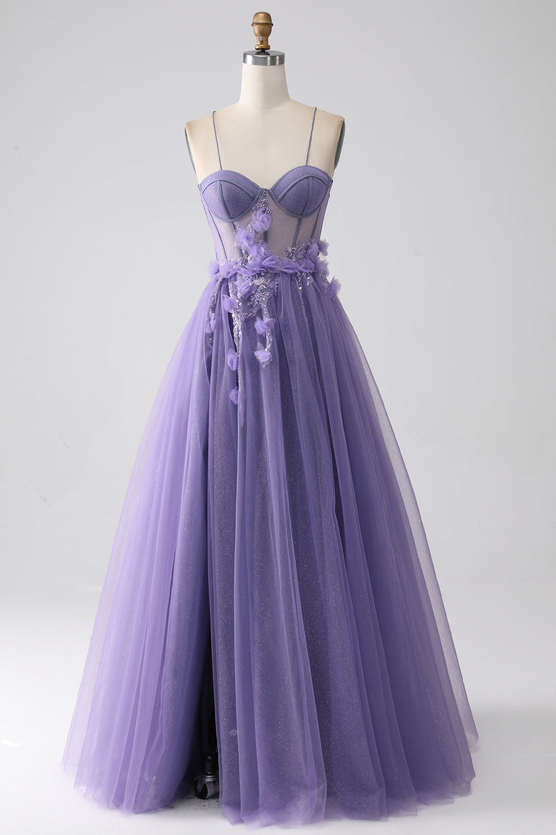 Load image into Gallery viewer, Purple A-Line Spaghetti Straps Corset Prom Dress with 3D Flowers