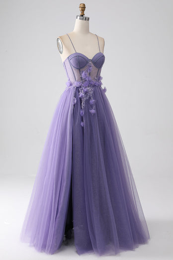 Purple A-Line Spaghetti Straps Corset Prom Dress with 3D Flowers