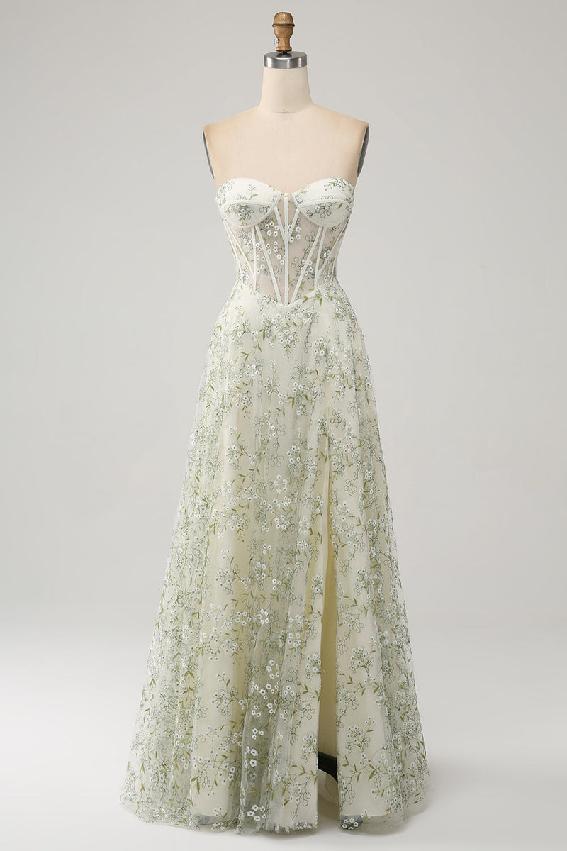 Load image into Gallery viewer, A-Line Light Green Corset Prom Dress with Embroidery