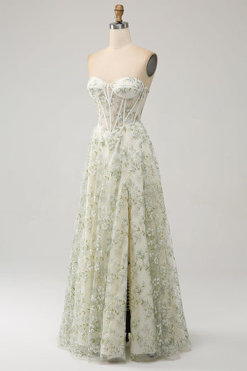 A-Line Light Green Corset Prom Dress with Embroidery