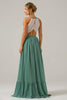 Load image into Gallery viewer, Eucalyptus Keyhole Boho Chiffon Long Bridesmaid Dress with Lace