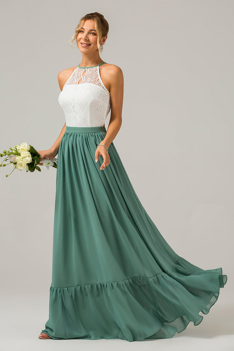 Load image into Gallery viewer, Eucalyptus Keyhole Boho Chiffon Long Bridesmaid Dress with Lace