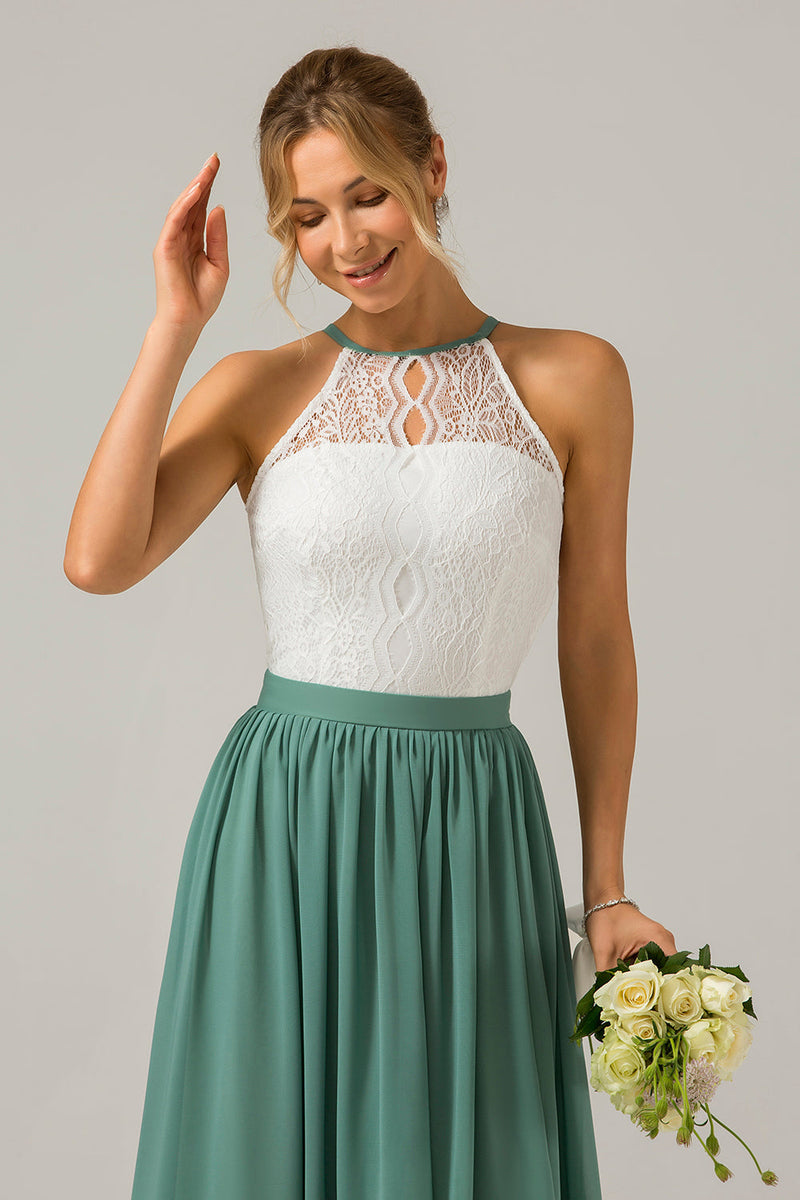 Load image into Gallery viewer, Eucalyptus Keyhole Boho Chiffon Long Bridesmaid Dress with Lace