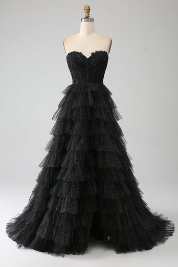 Glitter Sweetheart Black Corset Prom Dress with Slit