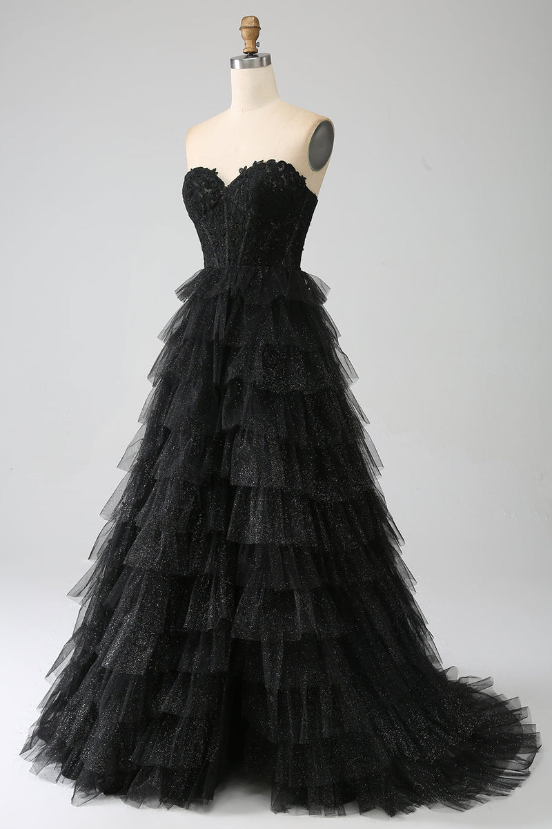 Load image into Gallery viewer, Glitter Sweetheart Black Corset Prom Dress with Slit