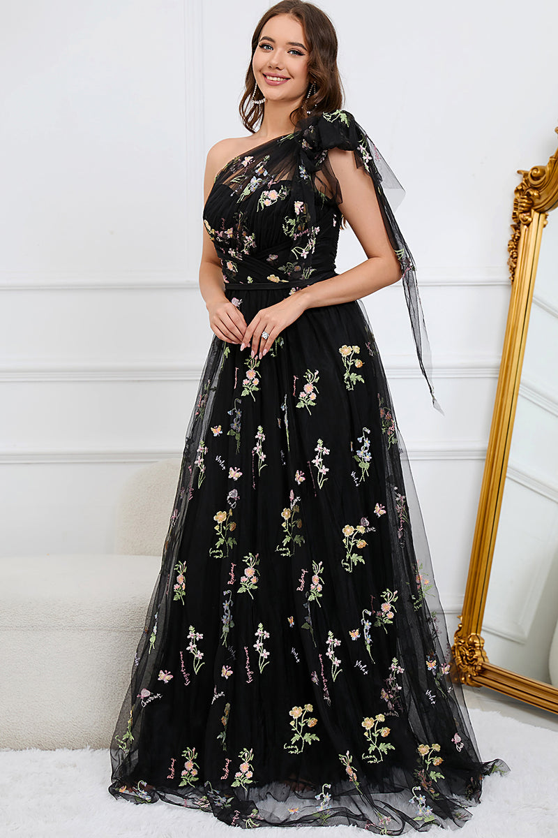 Black embroidered prom dress hotsell