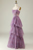 Load image into Gallery viewer, Purple Floral Print Spaghetti Straps Tulle Corset Prom Dress