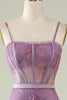 Load image into Gallery viewer, Purple Floral Print Spaghetti Straps Tulle Corset Prom Dress