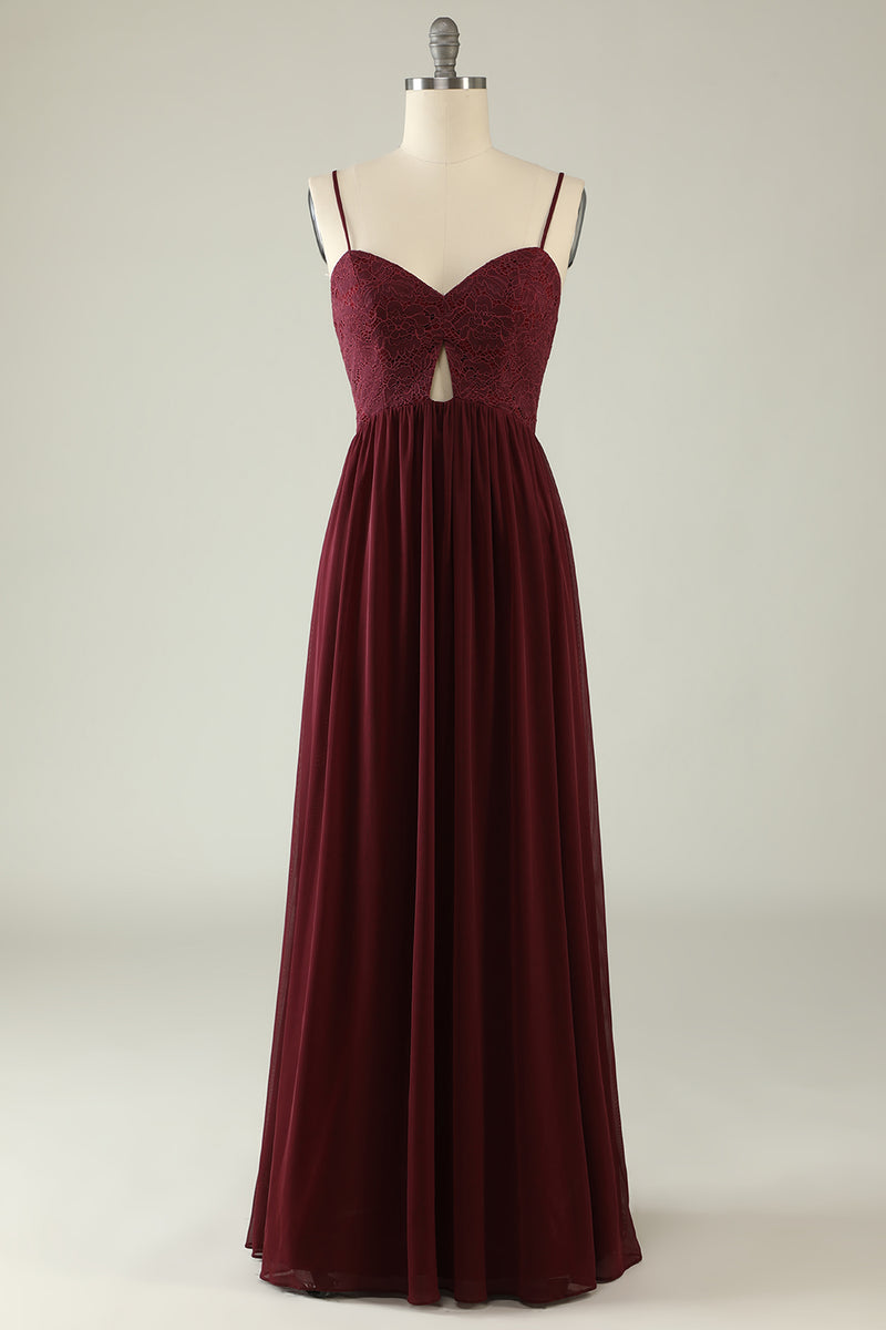 Load image into Gallery viewer, Burgundy Spaghetti Straps Lace Wedding Guest Dress with Hollow-out