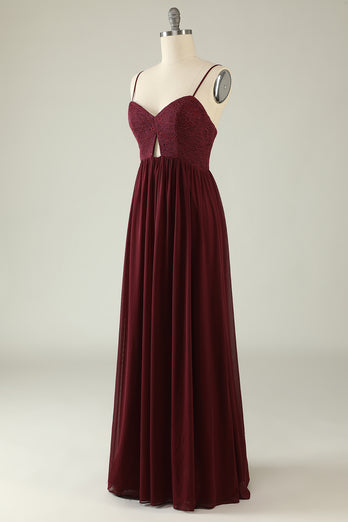 Burgundy Spaghetti Straps Lace Wedding Guest Dress with Hollow-out