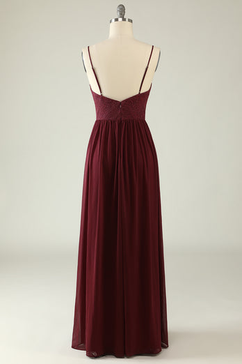 Burgundy Spaghetti Straps Lace Wedding Guest Dress with Hollow-out