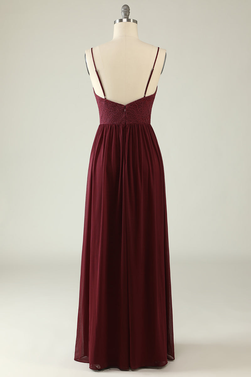 Load image into Gallery viewer, Burgundy Spaghetti Straps Lace Wedding Guest Dress with Hollow-out