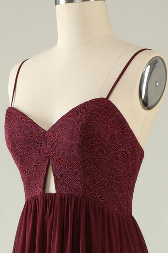 Burgundy Spaghetti Straps Lace Wedding Guest Dress with Hollow-out