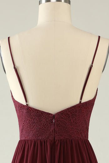 Burgundy Spaghetti Straps Lace Wedding Guest Dress with Hollow-out