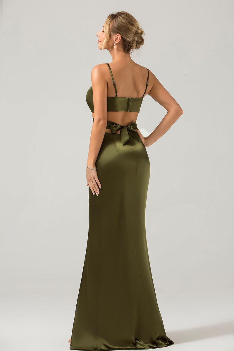 Load image into Gallery viewer, Olive Sheath Spaghetti Straps Cut Out Long Bridesmaid Dress with Slit