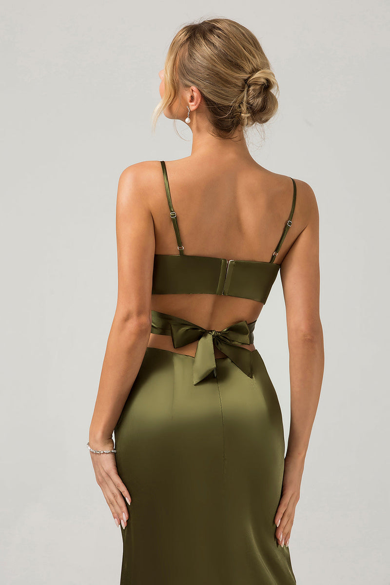 Load image into Gallery viewer, Olive Sheath Spaghetti Straps Cut Out Long Bridesmaid Dress with Slit