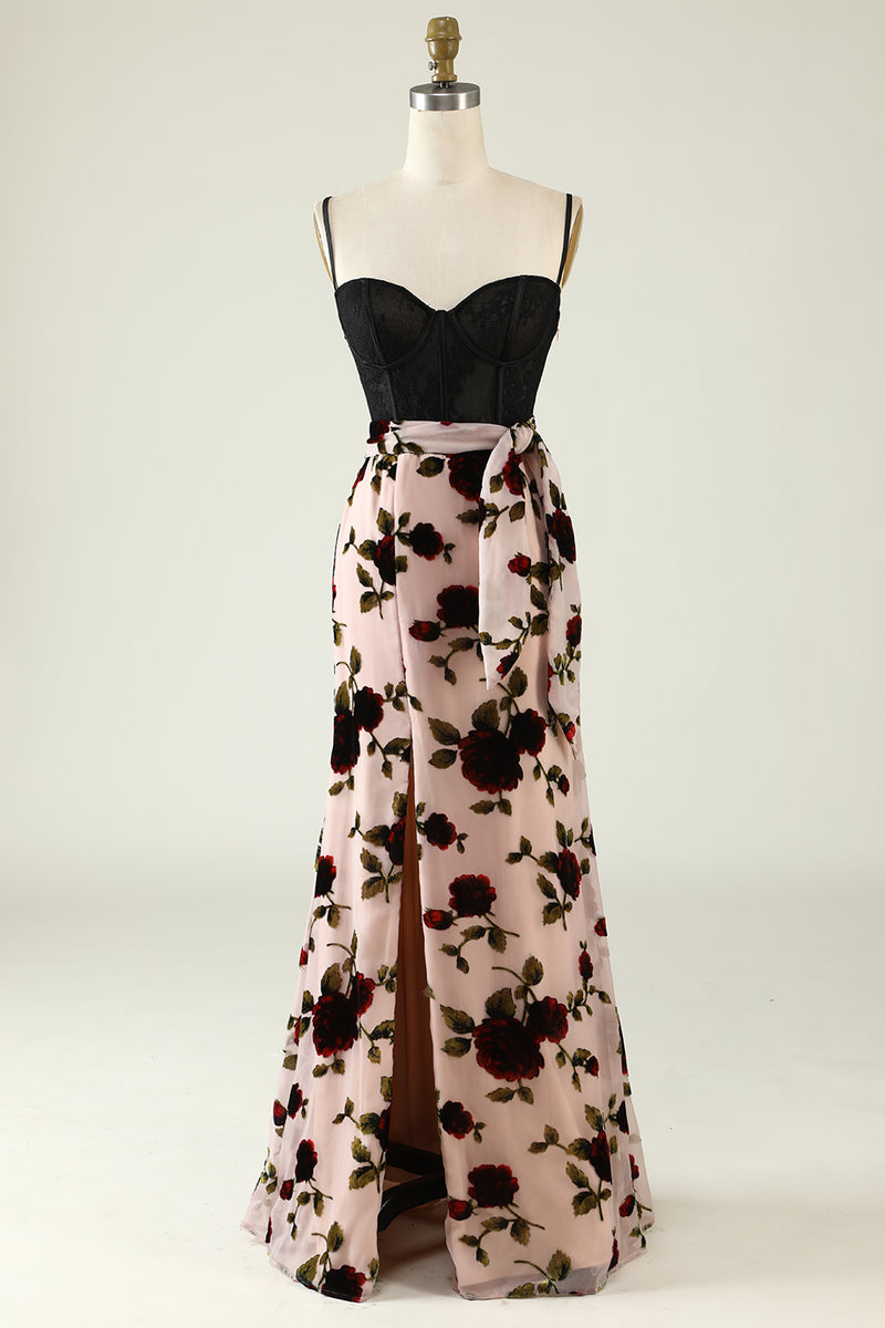 Load image into Gallery viewer, Floral Spaghetti Straps Corset Prom Dress with Slit