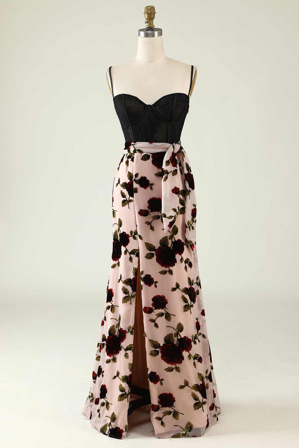 Floral Spaghetti Straps Corset Prom Dress with Slit