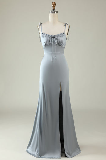 Spaghetti Straps Grey Satin Prom Formal Dress with Slit