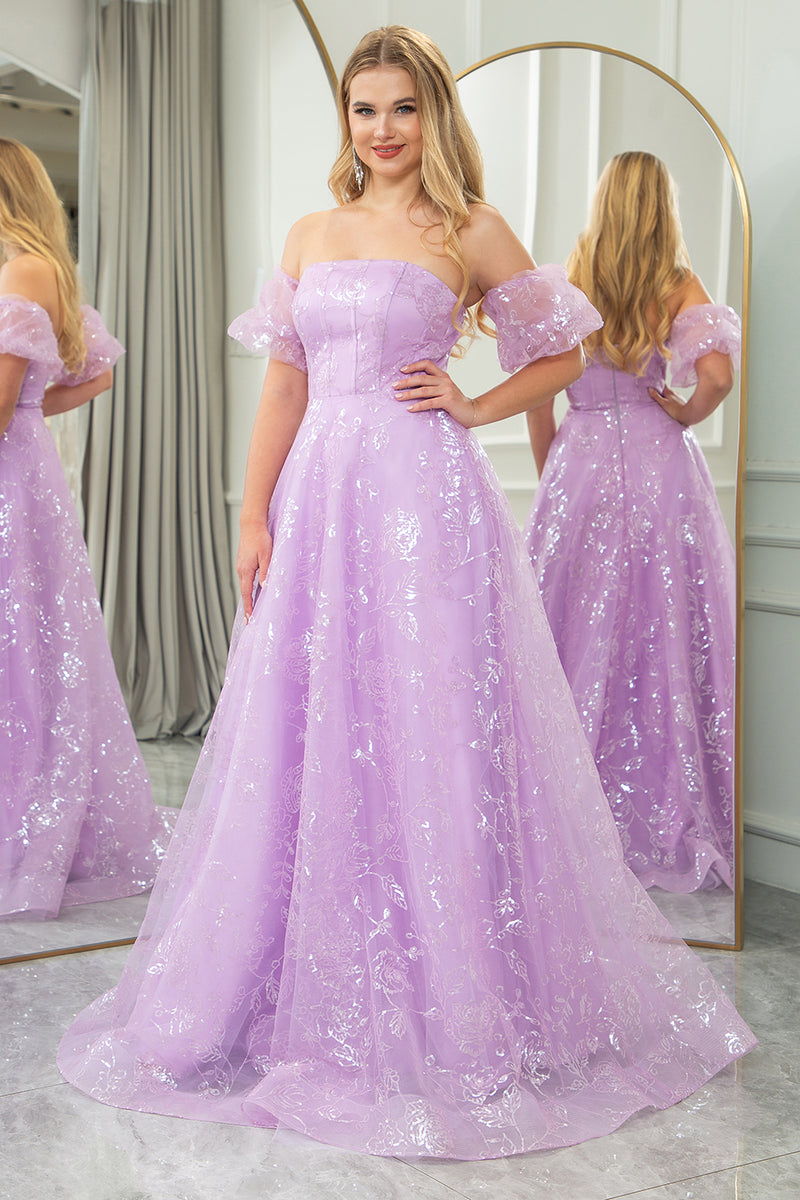 Load image into Gallery viewer, Lilac A Line Strapless Long Corset Prom Dress