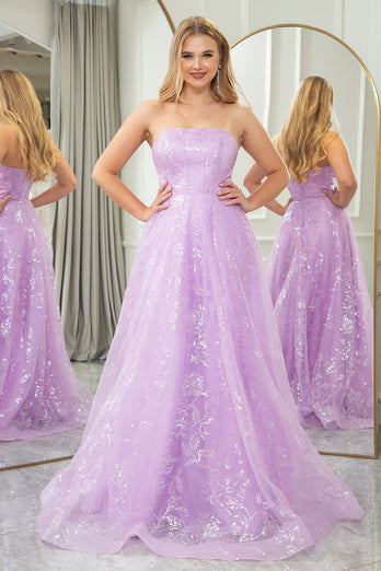 Lilac A Line Strapless Long Corset Prom Dress