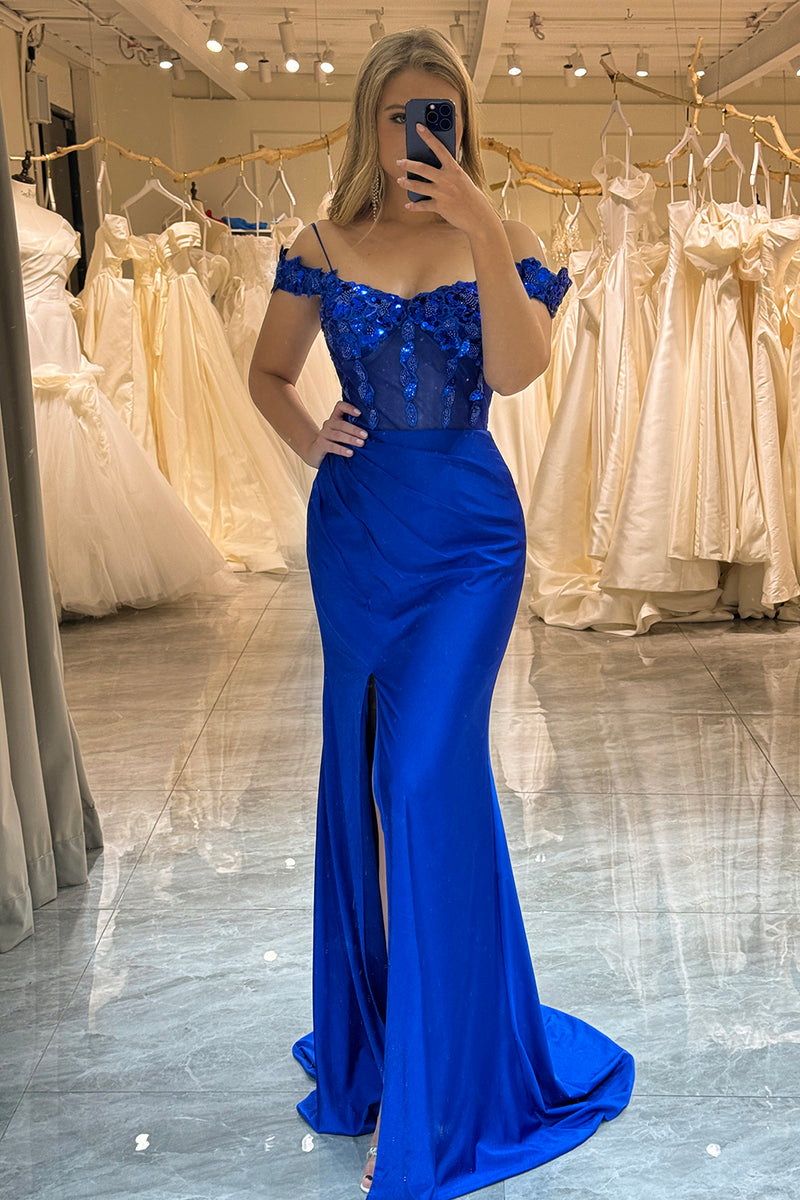 Load image into Gallery viewer, Royal Blue Sparkly Mermaid Off The Shoulder Long Prom Dress With Appliques