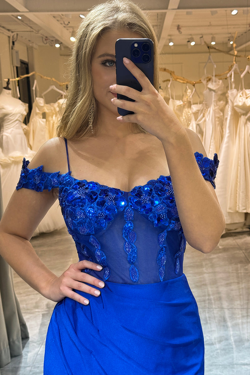 Load image into Gallery viewer, Royal Blue Sparkly Mermaid Off The Shoulder Long Prom Dress With Appliques