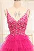 Load image into Gallery viewer, Fuchsia Spaghetti Straps A-Line Tulle Beaded Prom Dress With Slit