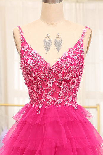 Fuchsia Spaghetti Straps A-Line Tulle Beaded Prom Dress With Slit