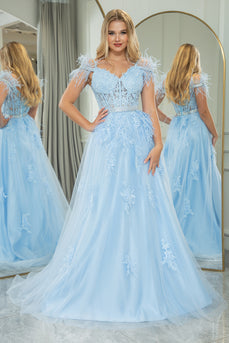 Light Blue A-line Tulle Spaghetti Straps Corset Prom Dress with Feather