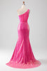 Load image into Gallery viewer, Mermaid One Shoulder Fuchsia Sequin Corset Long Prom Dress with Slit