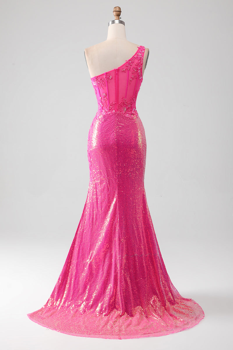 Load image into Gallery viewer, Mermaid One Shoulder Fuchsia Sequin Corset Long Prom Dress with Slit