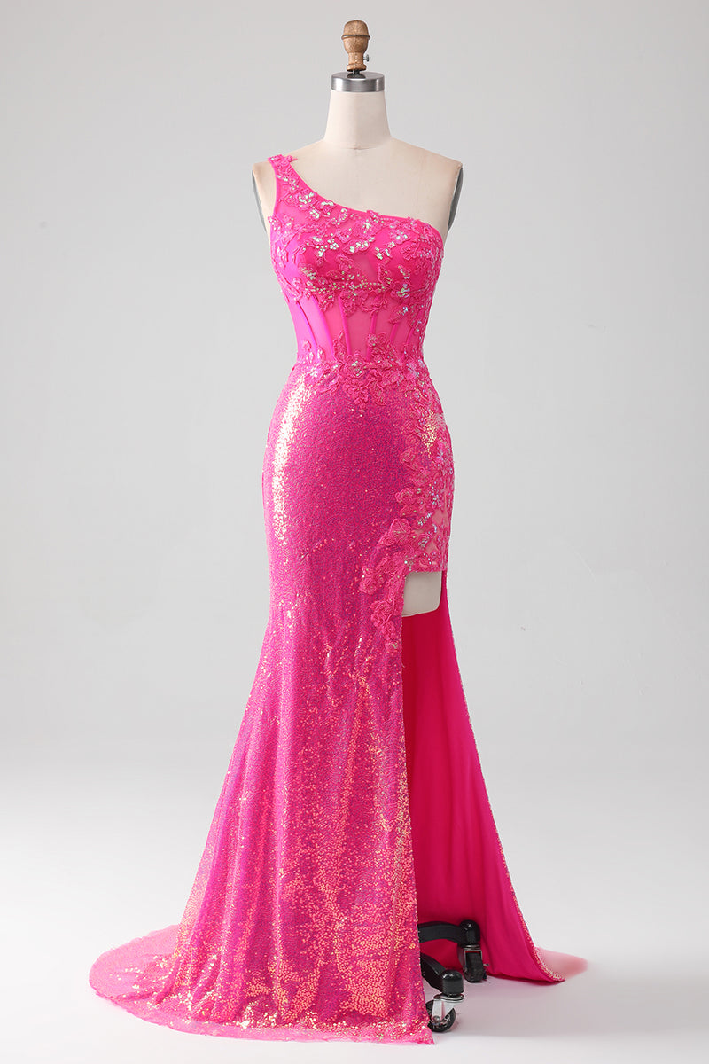 Load image into Gallery viewer, Mermaid One Shoulder Fuchsia Sequin Corset Long Prom Dress with Slit