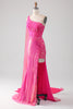 Load image into Gallery viewer, Mermaid One Shoulder Fuchsia Sequin Corset Long Prom Dress with Slit