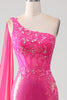 Load image into Gallery viewer, Mermaid One Shoulder Fuchsia Sequin Corset Long Prom Dress with Slit