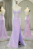 Load image into Gallery viewer, Light Purple Mermaid Spaghetti Straps Corset Long Sequin Prom Dress with Slit