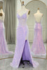 Load image into Gallery viewer, Light Purple Mermaid Spaghetti Straps Corset Long Sequin Prom Dress with Slit