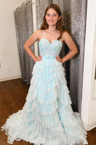 Light Blue A-line Spaghetti Straps Tulle Tiered Corset Prom Dress with Slit