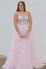 Load image into Gallery viewer, Pink A-line Spaghetti Straps Tulle Tiered Corset Prom Dress with Slit