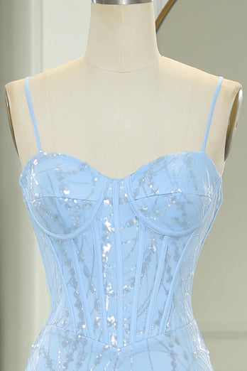 Light Blue Mermaid Spaghetti Straps Corset Long Prom Dress with Sequins