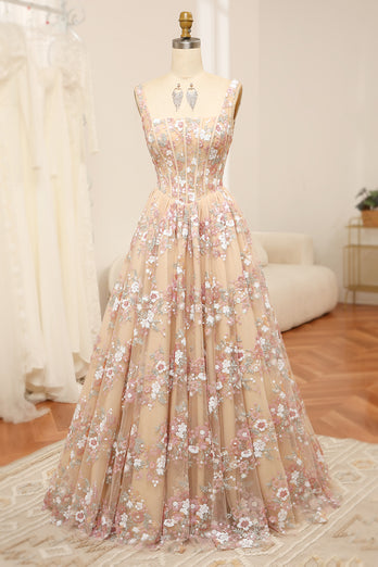 Champagne Spaghetti Straps A-Line Beaded Corset Prom Dress