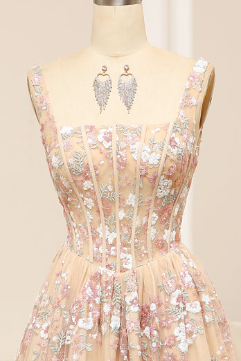 Champagne Spaghetti Straps A-Line Beaded Corset Prom Dress