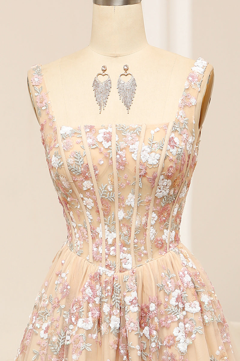 Load image into Gallery viewer, Champagne Spaghetti Straps A-Line Beaded Corset Prom Dress