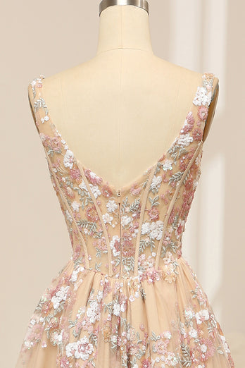 Champagne Spaghetti Straps A-Line Beaded Corset Prom Dress