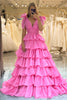 Load image into Gallery viewer, A Line V Neck Hot Pink Long Tiered Prom Dress with Slit